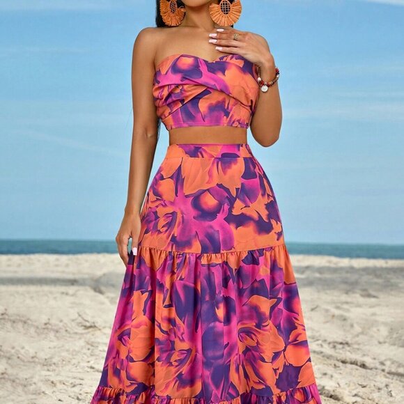 Purple Boho Women's Ruched Side Twist Bandeau Top And Split Thigh Skirt Set - Picture 4 of 6